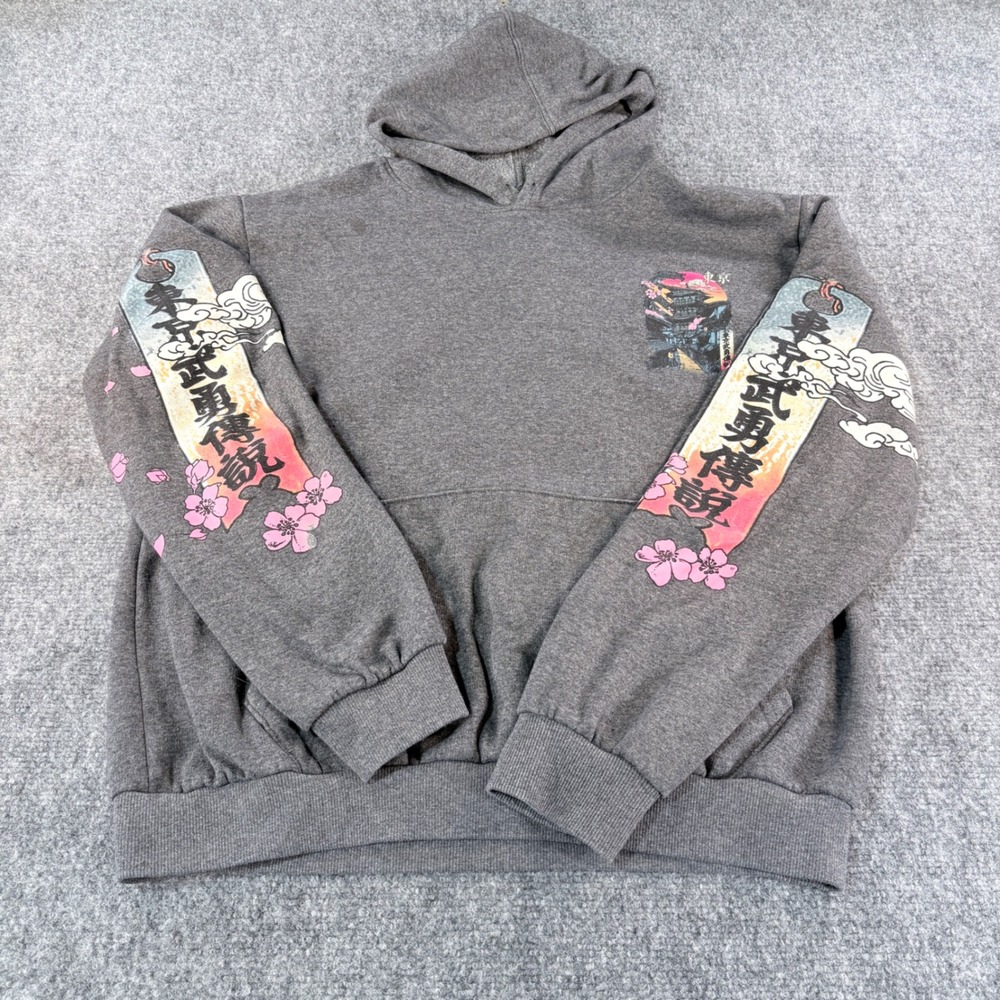 Fresh Laundry Mens Japanese Graphic Hoodie Gray Dragon Cherry Blossom Streetwear